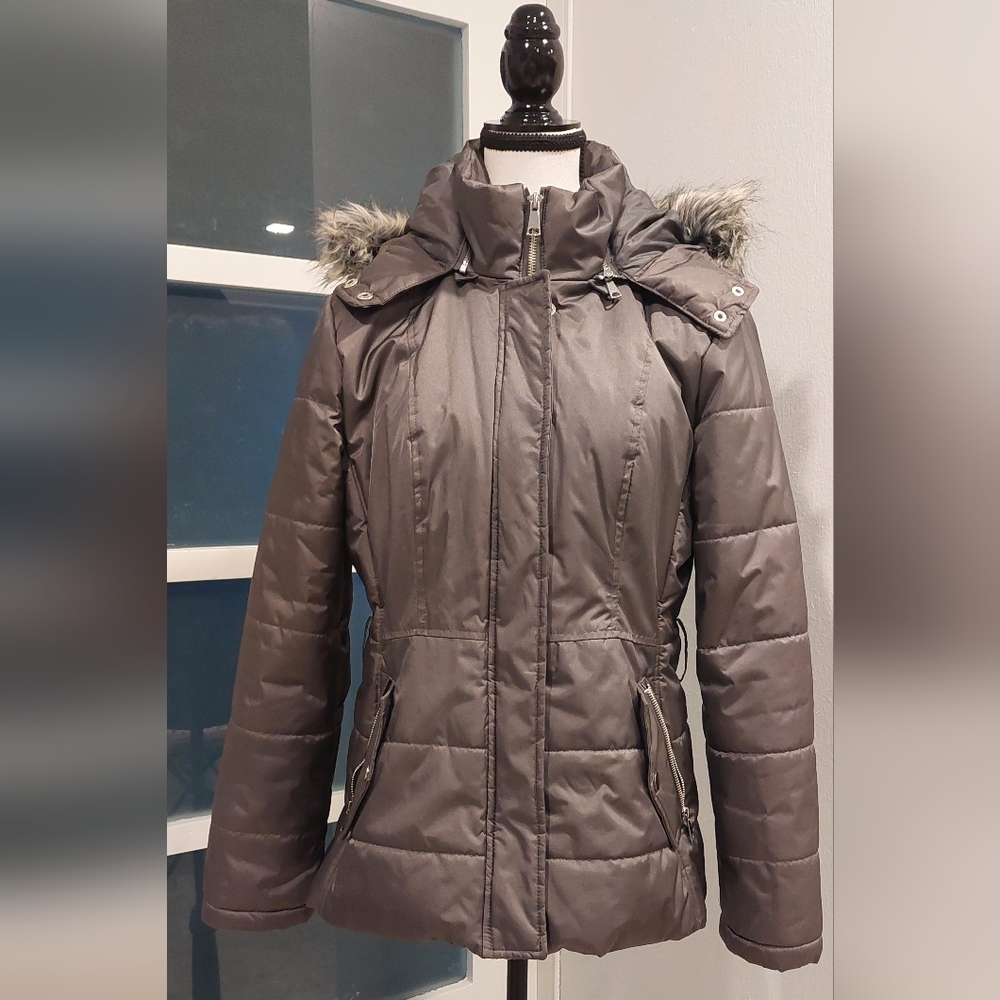 New York & Company Charcoal Puffer Jacket with Faux Fur Trim